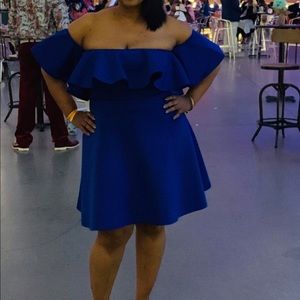 Royal Blue off the shoulder dress.